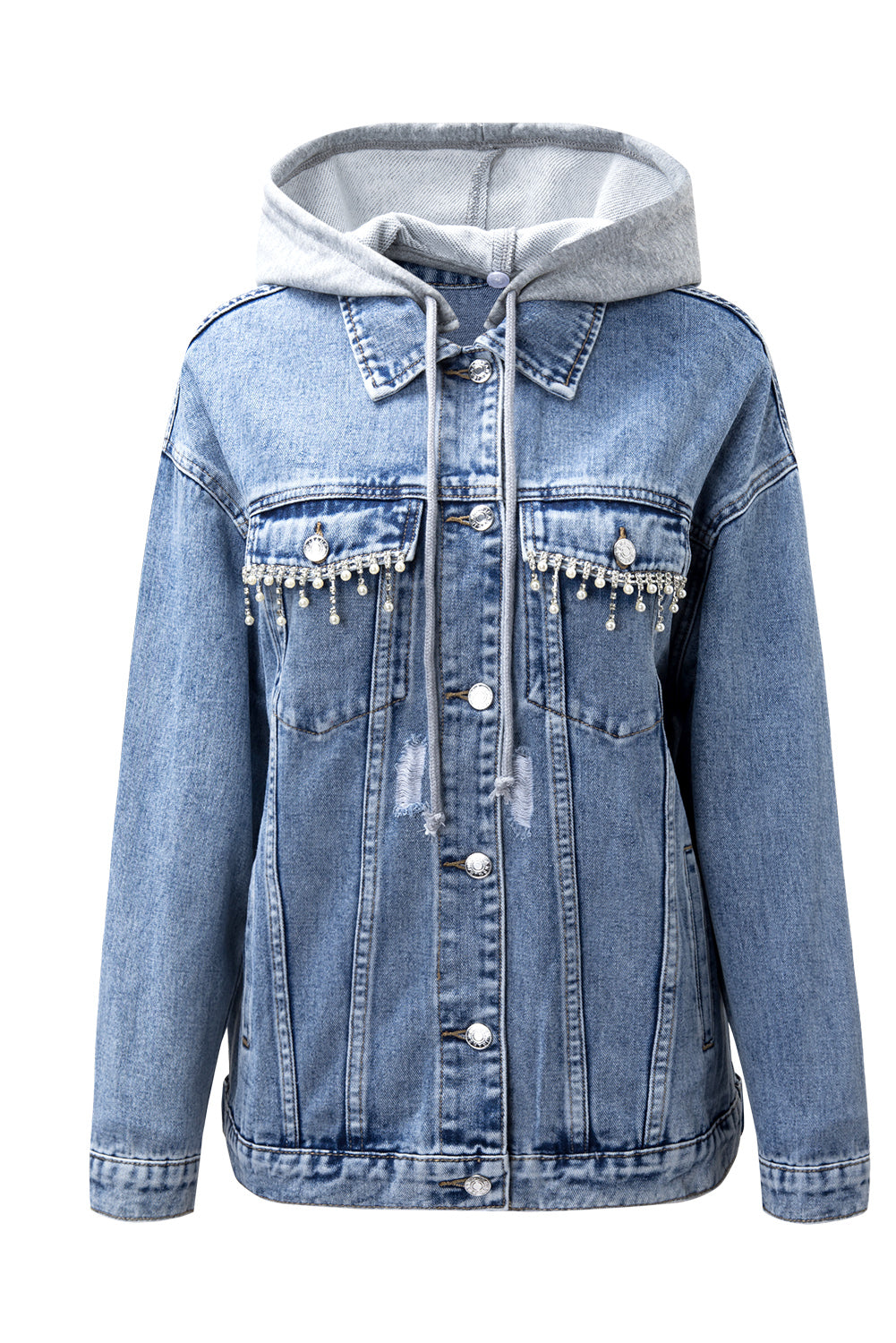 Veste en jean à capuche boutonnée avec poche à franges et strass bleu ciel