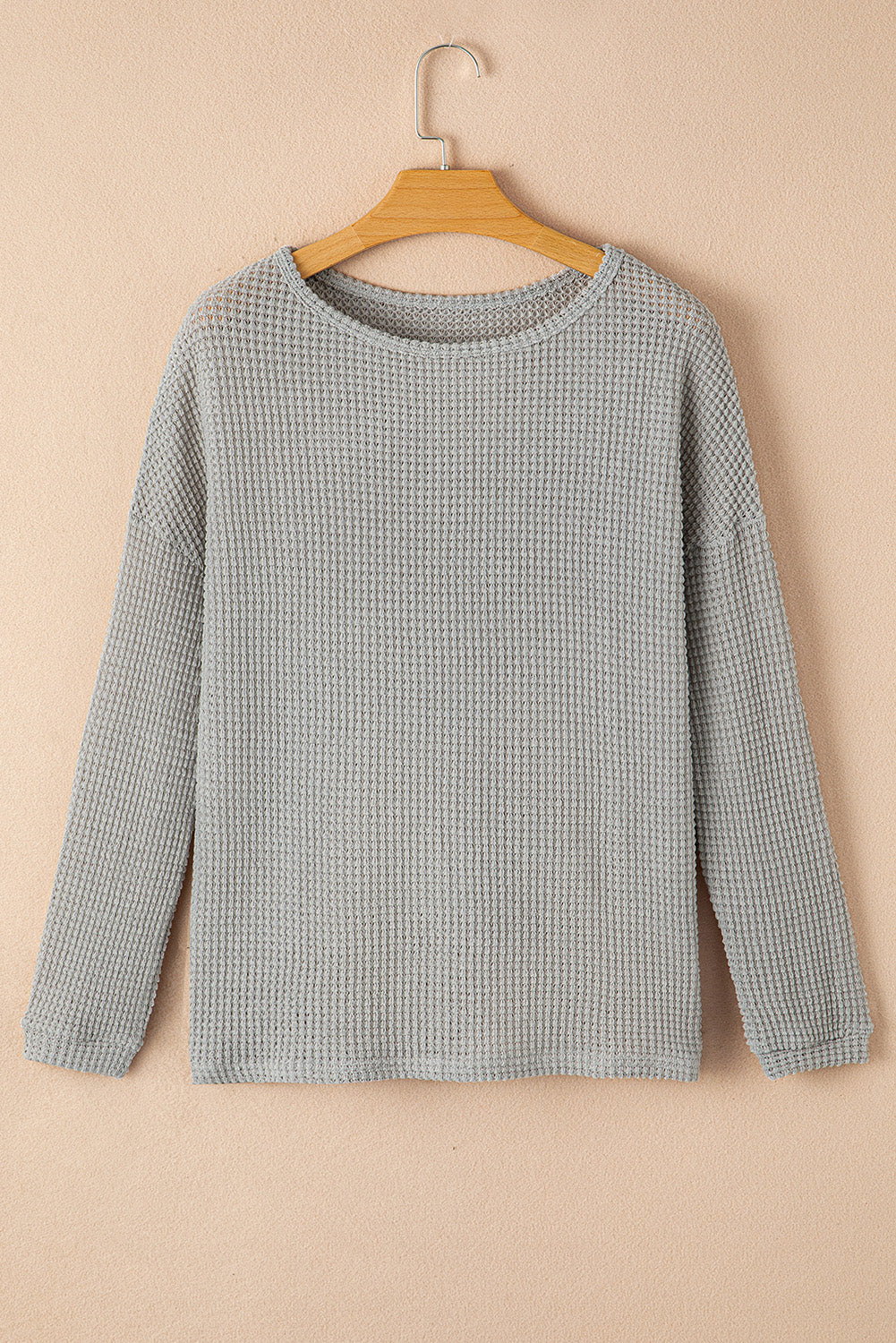 Light Grey Waffle Knit Drop Shoulder Long Sleeve Top