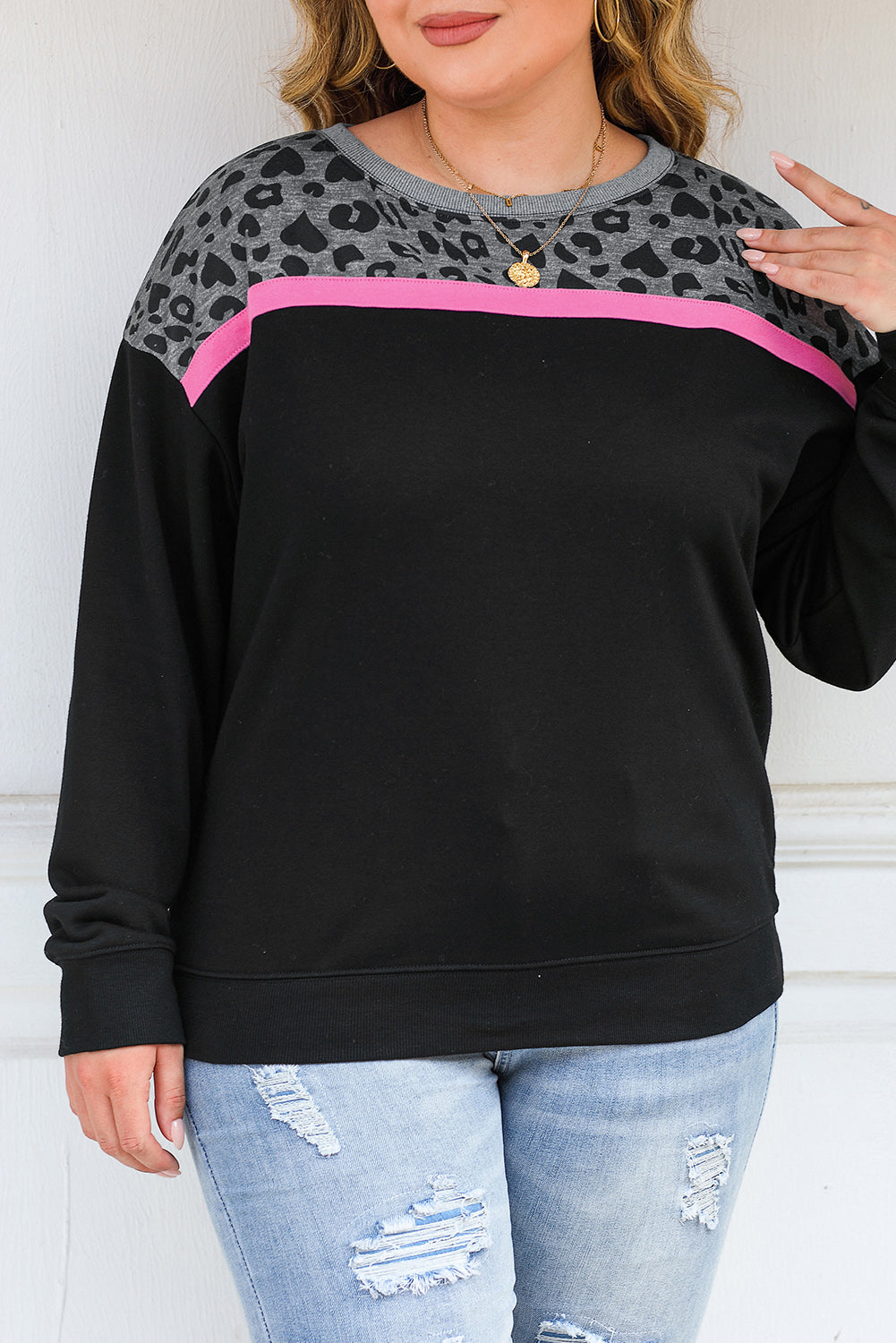 Black Leopard Colorblock majica z dolgimi rokavi velike velikosti