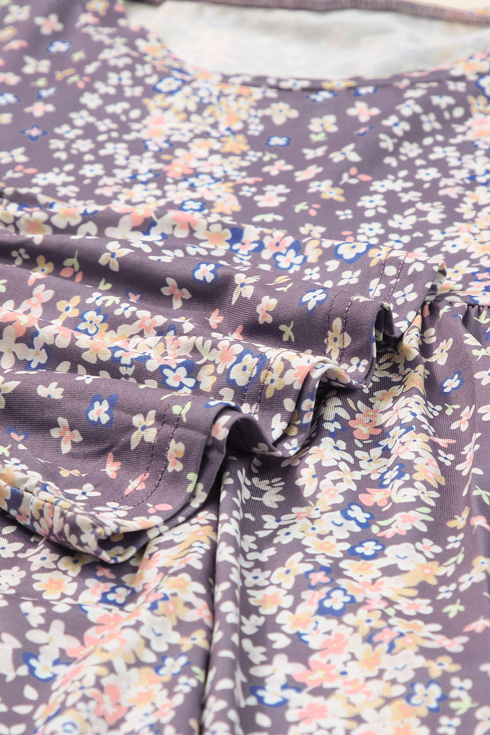 Purple Floral Print Round Neck Plus Size Babydoll Blouse