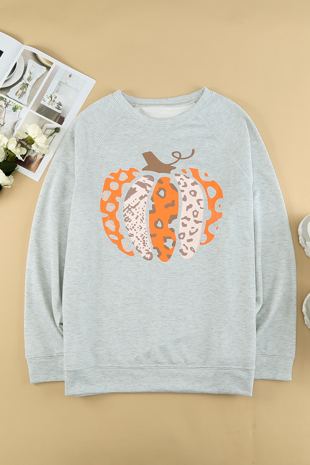 Gray Halloween Pumpkin Leopard Print Plus Size Sweatshirt