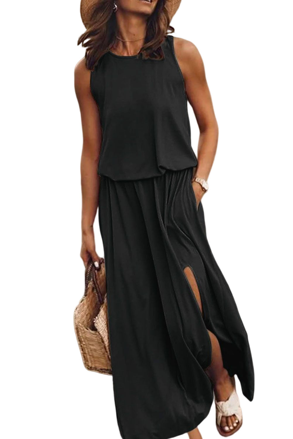Black Solid Sleeveless Tunic Maxi Dress with Split