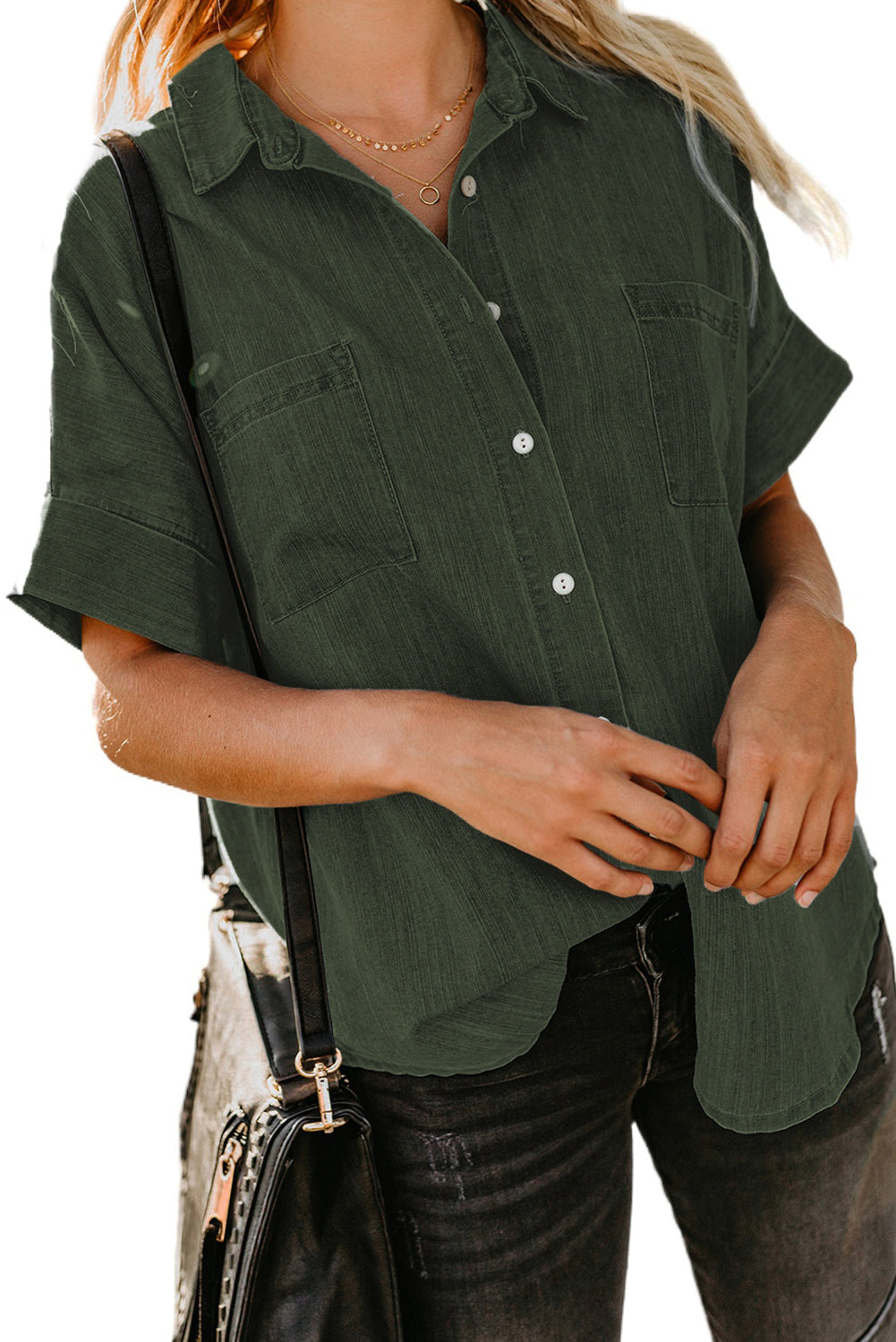 Green Turn-down Collar Short Sleeve Denim Shirt