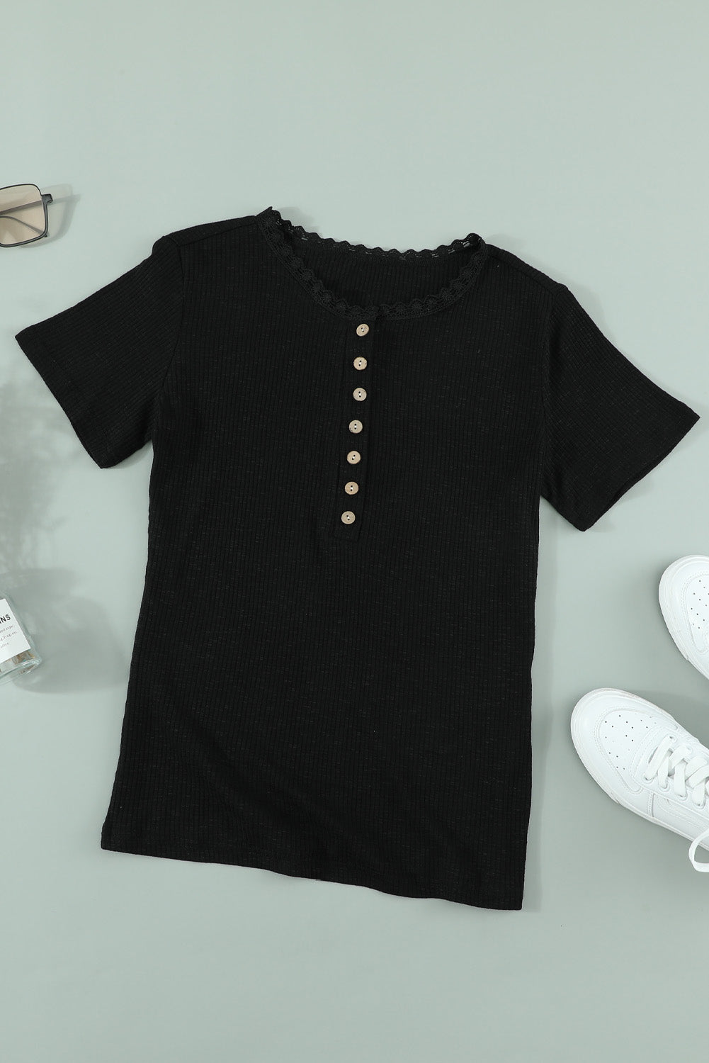 Black Buttoned Ribbed Knit Short Sleeve Top