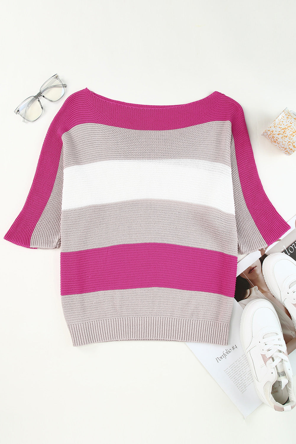 Maglione a mezza manica lavorato a maglia con righe a contrasto rosa