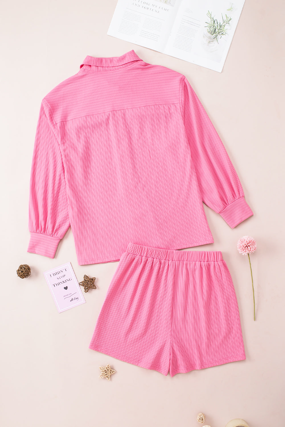 Pink Ribbed Knit Button Top and Shorts Set