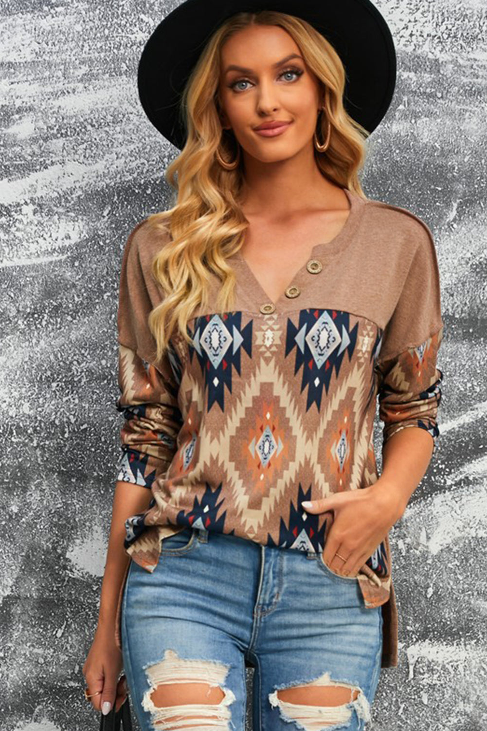 Brown Western Aztec Print Buttoned V Neck Top
