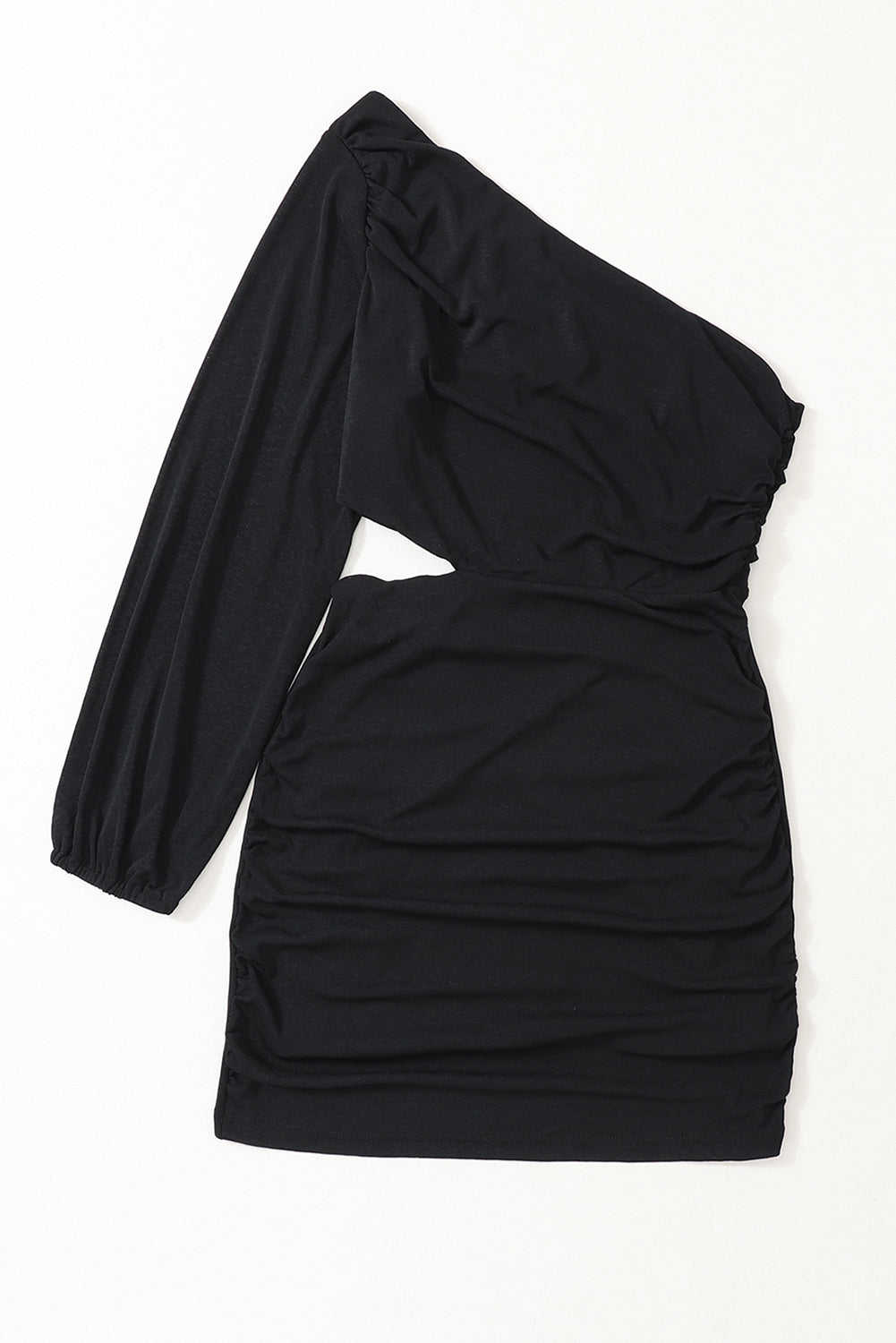 Črna asimetrična oprijeta obleka z izrezom na enem ramenu