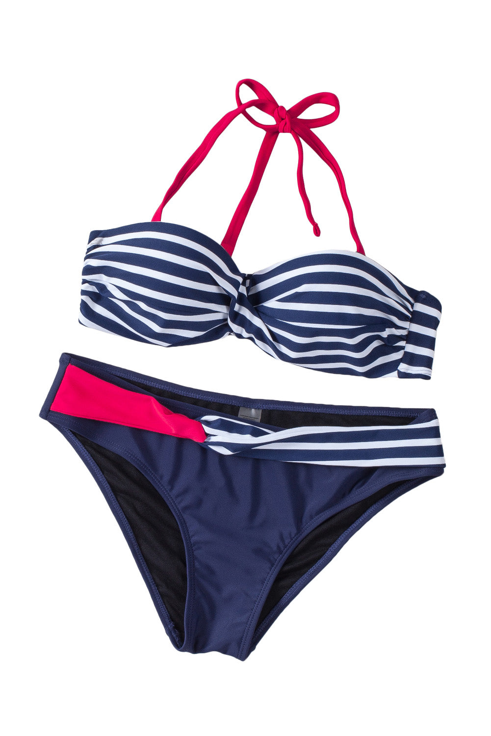 Blauer Neckholder-Bandeau-Bikini mit Streifen